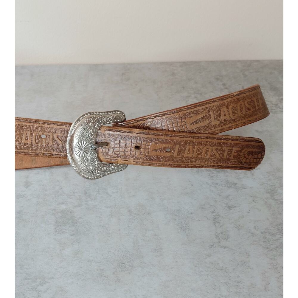 Vintage Lacoste Tooled Leather Western Belt Brown Croc Embossed Silver Buckle 38 - Picture 3 of 16